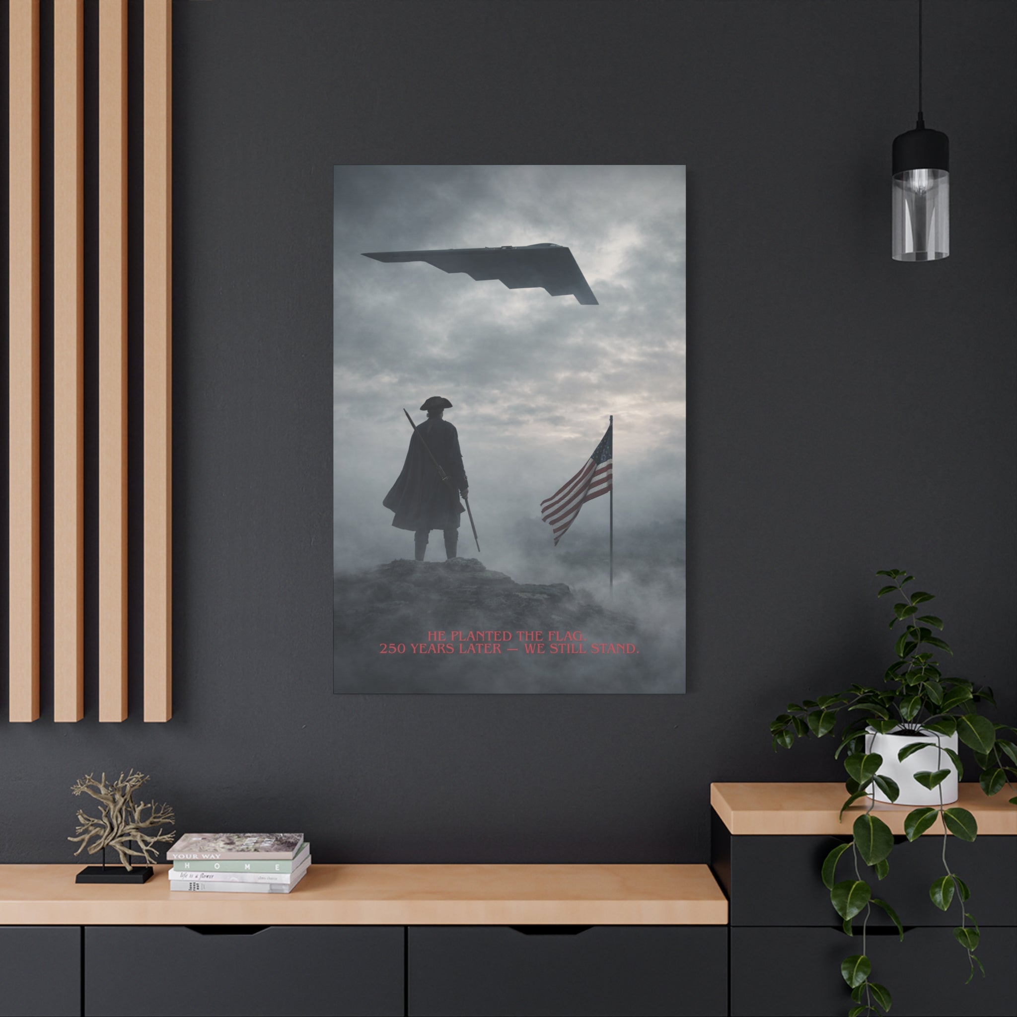 Matte Stretched Canvas - Patriotic Revolutionary Soldier with Flag & Stealth Bomber ("He Planted The Flag… 250 Years Later — We Still [...]