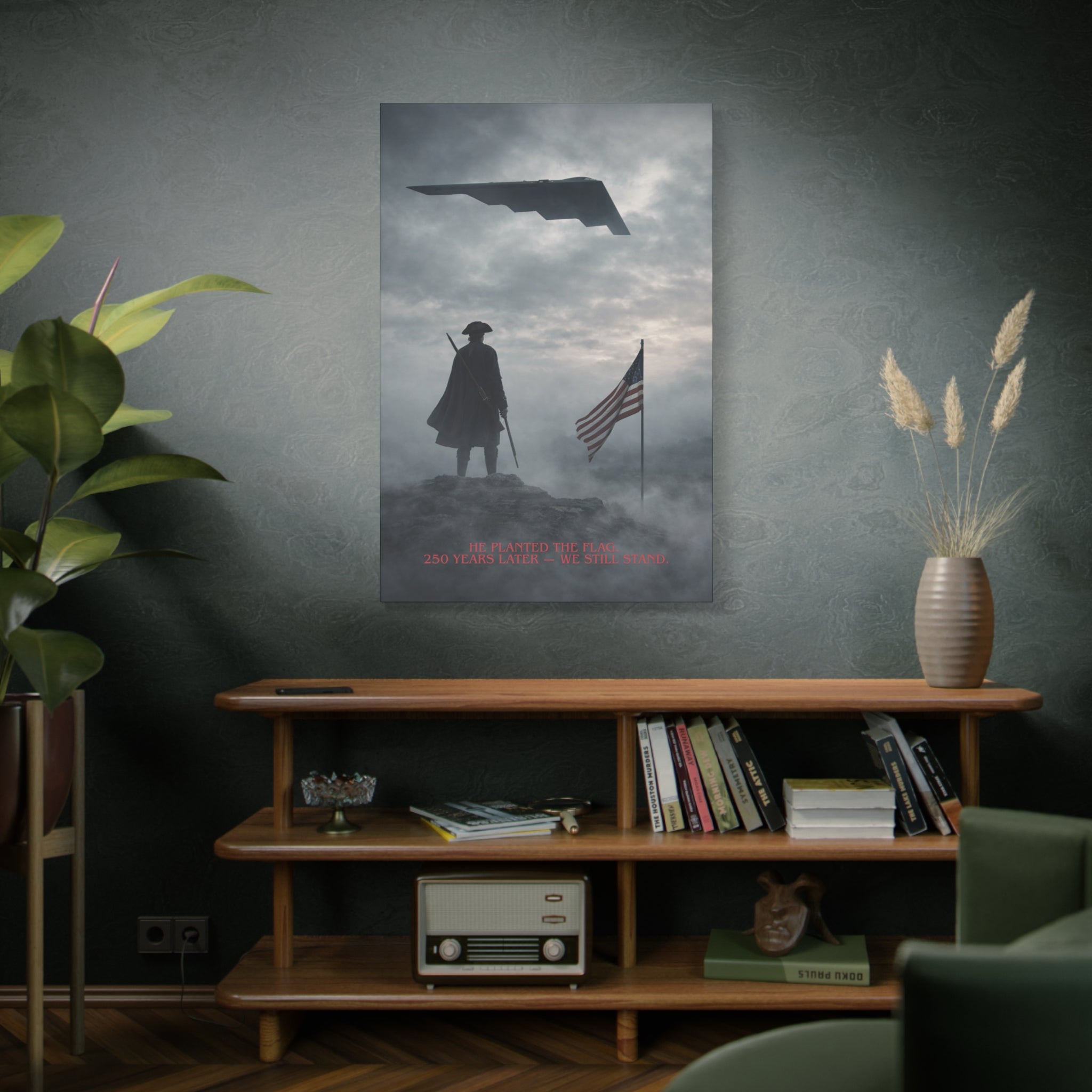 Matte Stretched Canvas - Patriotic Revolutionary Soldier with Flag & Stealth Bomber ("He Planted The Flag… 250 Years Later — We Still [...]