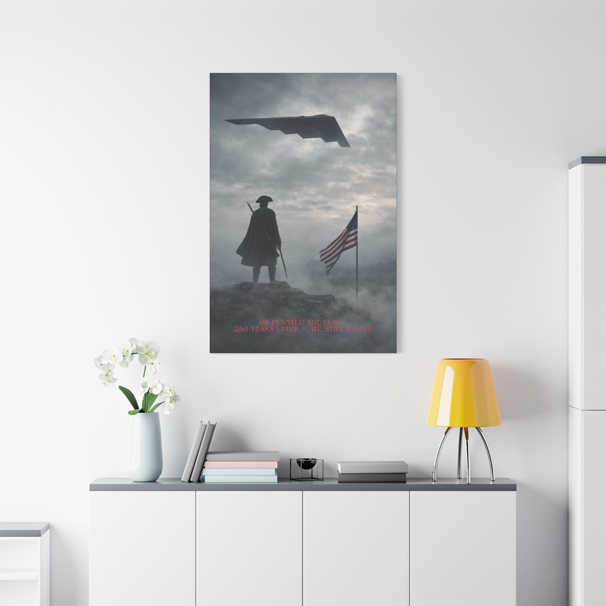 Matte Stretched Canvas - Patriotic Revolutionary Soldier with Flag & Stealth Bomber ("He Planted The Flag… 250 Years Later — We Still [...]